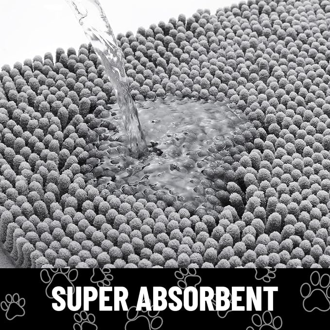 Smiry Dog Door Mat for Muddy Paws, Absorbent Dirt Trapper Non Slip Quick Dry Washable Chenille Mat for Mud Dogs, Entry Rug for Indoor and Outdoor (40x32 Inches, Grey and Black)