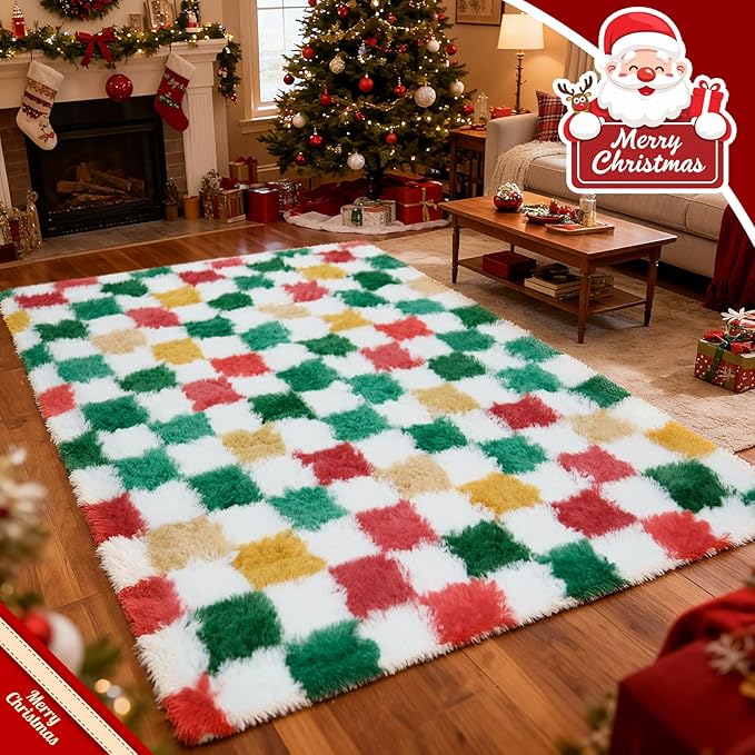 Checkered Area Rug 5x8 for Bedroom Living Room, Christmas Shag Rug Fuzzy Shaggy Bedside Carpet, Indoor Plush Floor Rugs for Kids Boys Girls Room Holiday Home Decor