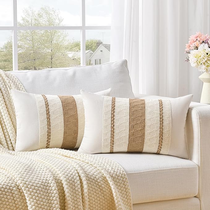 Fancy Homi Set of 1 Boho Neutral Lumbar Decorative Throw Pillow Cover 12x20 Inch for Couch Bed Sofa Chair, Modern Organic Farmhouse Home Decor, Soft Cotton Cute Accent Tan Rectangle Cushion Case