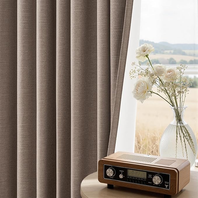 Topfinel 95 inch Bedroom Curtains 2 Panels 100% Blackout Linen Texture Curtain Taupe Vintage Farmhouse Window Drapes with Back Tab Rod Pocket Light Blocking Thermal Insulated Curtains 95 inches Long