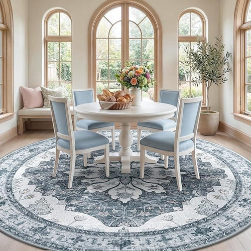 Area Rugs 8ft Washable Non-Slip, Floral Vintage Distress Print Pattern Medallion Carpet for Living Room Bedroom Dining Room, Light Gray Grey White