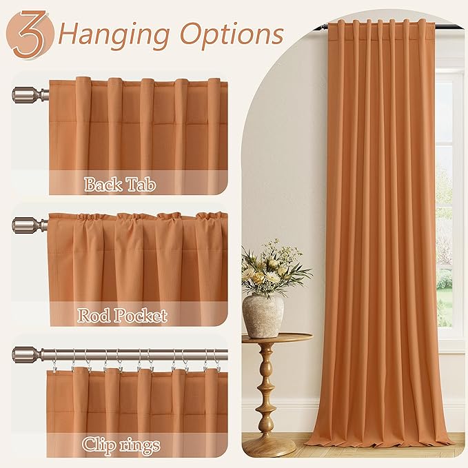 Guken Orange 100% Blackout Linen Curtains 120 Inch Length 2 Panels Set for Living Room Bedroom Back Tab/Rod Pocket Thermal Insulated Black Out Drapes Room Darkening Farmhouse Window Curtains 52x120