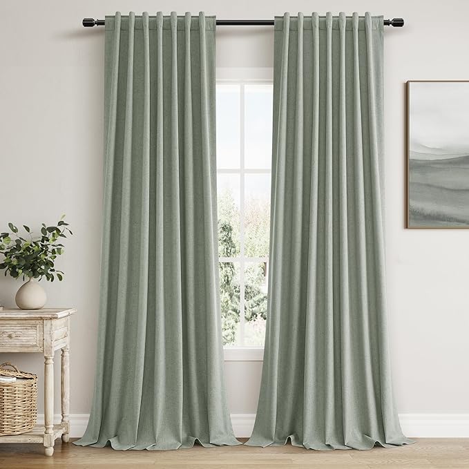 Guken 100% Blackout Curtains 90 Inch Length 2 Panels Set for Living Room Bedroom Back Tab Thermal Insulated Black Out Linen Drapes Room Darkening Window Curtains 90 Inches Long,Desert Sage