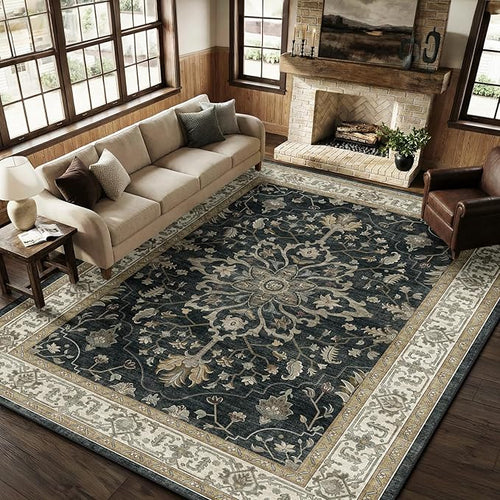 Area Rugs 9'x12' Washable Non-Slip, Floral Vintage Distress Print Pattern Medallion Carpet for Living Room Bedroom Dining Room, Vintage Black Brown Neutral