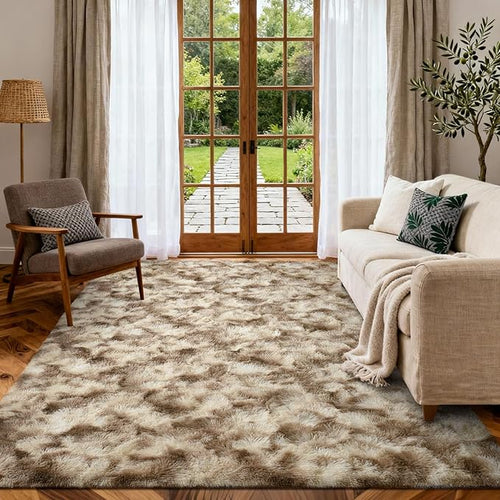 5x7 Ft Large Shag Rugs for Bedroom Living Room Decor for Men Boys, Tie Dyed Ultra Soft Fluffy Furry Area Rug for Indoor Floor, Aesthetic Carpet for Home Decor (Khaki)