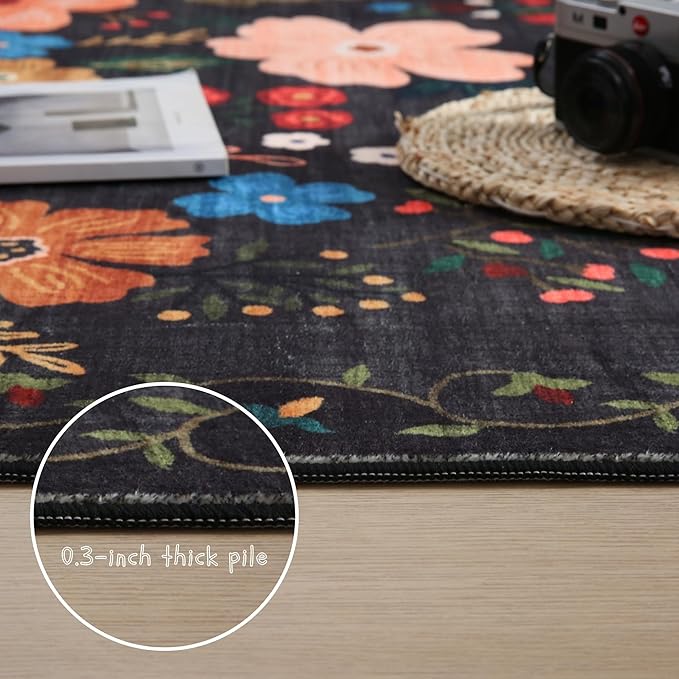 Rugcomf Runner Rug for Hallways Kitchen Rug Non Slip 2'x 6' Washable Runner Rugs with Rubber Backing Soft Floral Carpet Runner for Hallways, Kitchen, Laundry, Bedroom, Bathroom(Black)
