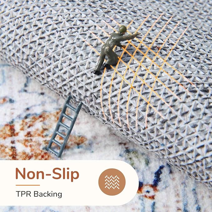 OPPODREAM Soft Round Rug 5ft, Neutral Washable Circle Rug 5ft with Non Slip Backing Play Room, Low-Pile Carpet 5 ft, Faux Cashmere Throw Carpet, Cream White & Blue & Light Brown