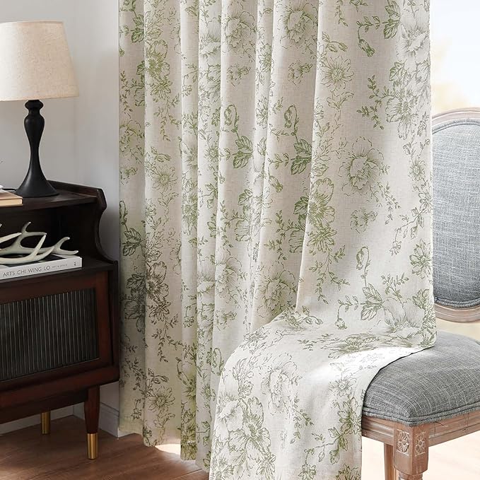 jinchan Blackout Floral Curtains for Living Room Bedroom Linen Blend Curtain Farmhouse Green Printed with Lined Back Tab Rod Pocket Drapes Window Treatments 2 Panels 84 Inch