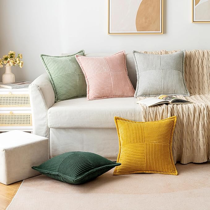 MIULEE Decorative Throw Pillow Covers for Couch Bed Livingroom 12x12 Inch Set of 2 Dark Green Boho Accent Throw Pllows Broadside Striped Patchwork Soft Corduroy Pillowcases