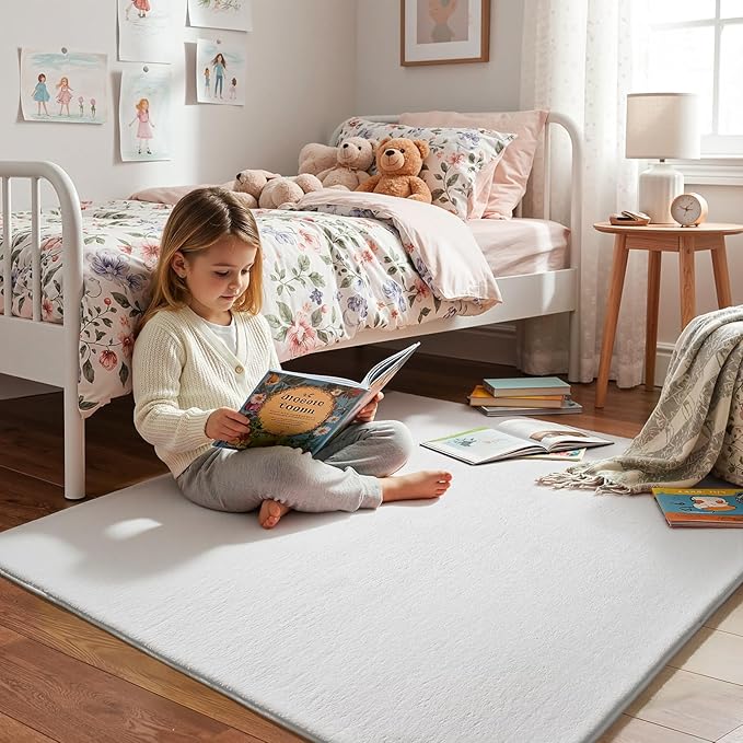 Amearea 4x4 Square Area Rugs for Bedroom Living Room, Modern White Thickened Memory Foam Rug, Fluffy Indoor Washable Rug Non Slip Minimalist Carpet for Entryway Kids Boys Girls Dorm Nursery Room Decor
