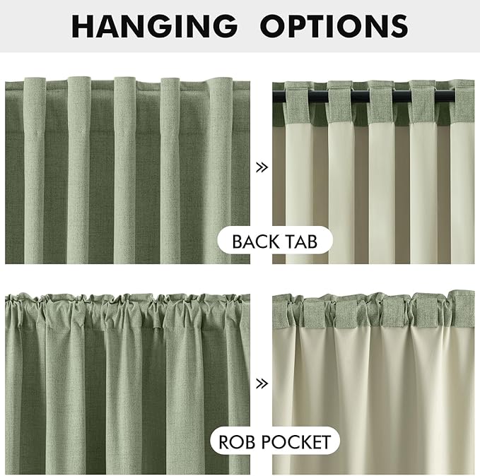 MIULEE 100% Blackout Linen Curtains for Bedroom, Sage Green Solid Luxury Decor Thermal Insulation Room Darkening Drapes for Living Room Nursery Back Tab Rod Pocket 42 x 90 Inches, 2 Panels