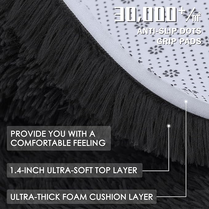 OLANLY 5x5 Area Rugs for Living Room Bedroom, Machine Washable Soft Fluffy Shaggy Bedside Rug, Indoor Floor Carpet for Kids Girls and Boys, Dorms, Nursery Rooms, Home Decor Aesthetic, Black
