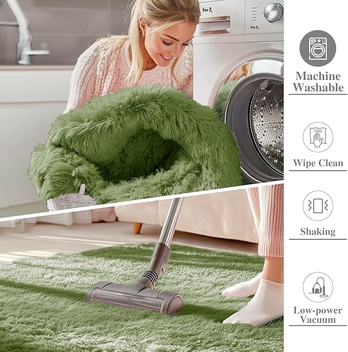 OLANLY 2x3 Machine Washable Small Bedside Rug, Soft Fluffy Shaggy Entryway Throw Rugs for Bedroom, Living Room, Indoor Floor Carpet for Kids Girls and Boys, Home Decor Aesthetic, Green