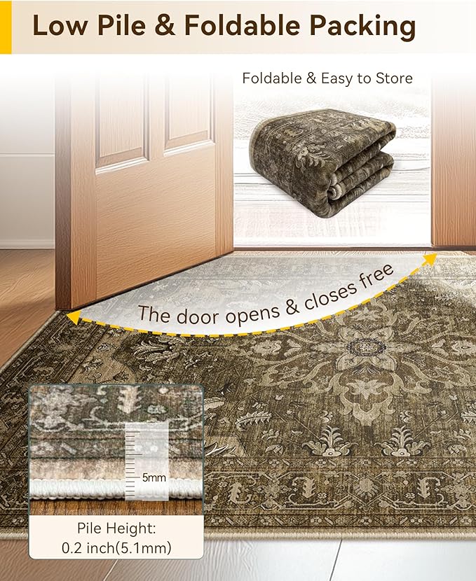 Area Rugs 6'x9' Washable Non-Slip, Floral Vintage Distress Print Pattern Medallion Carpet for Living Room Bedroom Dining Room, Brown Dark Brown