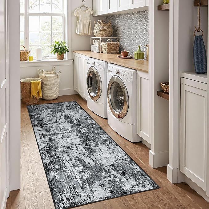 Washable Area Rugs 2'x8' Non-Slip Modern Abstract Soft for Living Room Entryway Bedroom Nursery, Print Pattern, Black Navy Blue Gray