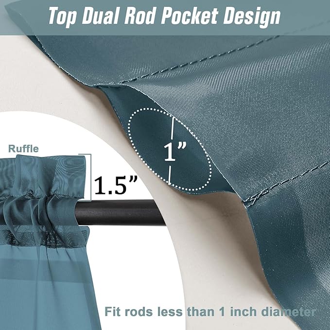 Dusty Blue Sheer Curtains 63 Inch Length 2 Panels, Voile Sheer Curtain for Living Room, Breathable Light Filtering Window Treatments, Soft Fabric Dual Rod Pocket Drapes, 2x42Wx63L Inches