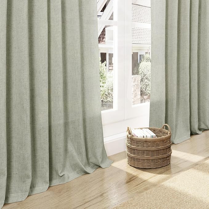 Nanspring Extra Wide Linen Curtains for Living Room 108 Inch Length for Room Divider Sage Green Rustic Farmhouse Drape Rod Pocket Back Tab Light Filtering Bedroom Window Curtain for Sliding Door