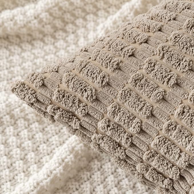 MIULEE Pack of 2 Corduroy Decorative Euro Sham Throw Pillow Covers 22x22 Inch Soft Boho Striped Pillow Covers Modern Farmhouse Home Decor for Sofa Living Room Couch Bed Light Brown