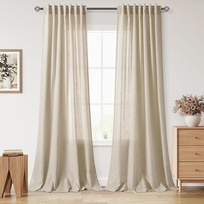 Eggshell Beige Linen Curtains for Living Room 94 Inches Long Light Filtering Semi Sheer Curtain Back Tab Rustic Farmhouse Decor Burlap Luxury Boho Drapes for Bedroom Dinner Room 52x94, 2 Panels