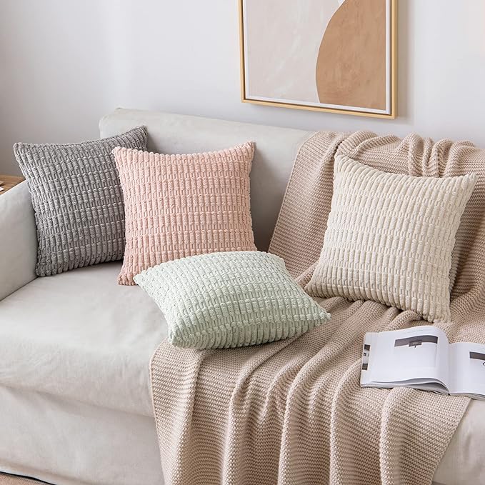 MIULEE Pack of 2 Corduroy Decorative Throw Pillow Covers 20x20 Inch Soft Boho Striped Pillow Covers Modern Farmhouse Home Decor for Sofa Living Room Couch Bed Cream White