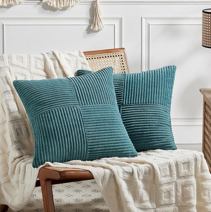 Fancy Homi 2 Packs Teal Samll Decorative Throw Pillow Covers 14x14 Inch with for Couch Bed Sofa, Rustic Farmhouse Boho Home Decor, Soft Corss Patchwork Corduroy Square Cushion Case 35x35 cm