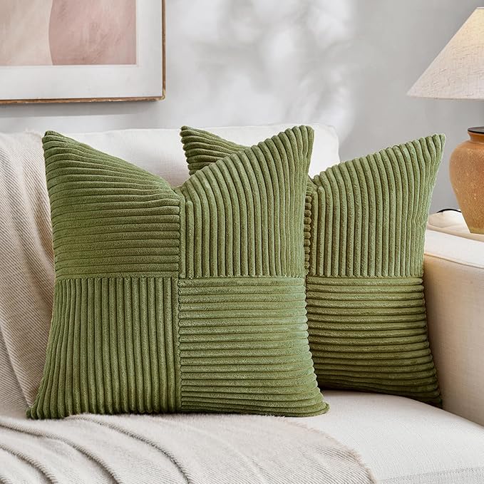 Fancy Homi 2 Packs Moss Green Decorative Throw Pillow Covers 20x20 Inch for Living Room Couch Bed Sofa, Farmhouse Boho Home Decor, Soft Corss Corduroy Patchwork Accent Square Cushion Case 50x50 cm