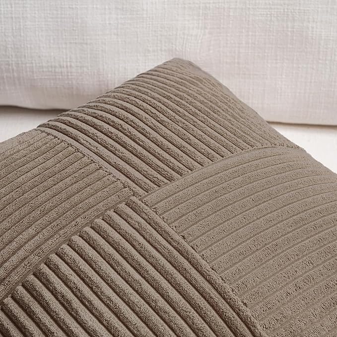 Fancy Homi Set of 2, Light Brown Patchwork Corduroy Decorative Soft Striped Modern Accent Cushion Case Farmhouse Boho Neutral Throw Pillow Covers for Chair Couch Bed Sofa Living Room 20x20 Inch
