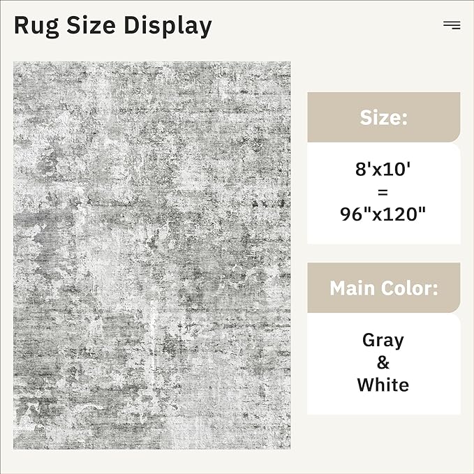 Abstract Rug 8x10 Large Living Room Rugs Neutral Modern Washable Area Rugs for Bedroom Dining Room Non-Slip Stain Resistant Foldable Thin Rug Gray White