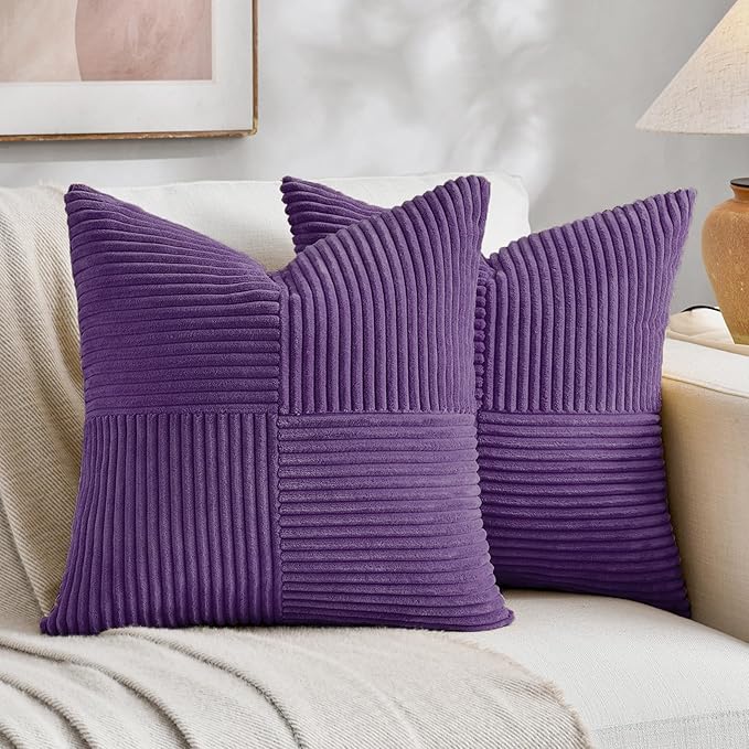 Fancy Homi 2 Packs Purple Decorative Throw Pillow Covers 20x20 Inch for Living Room Couch Bed, Farmhouse Boho Home Decor, Soft Corss Corduroy Patchwork Accent Square Cushion Case 50x50 cm