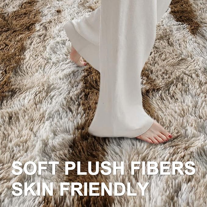 Area Rugs for Living Room, 5x7 Feet Soft Fluffy Shagg Plush Rug High Pile Large Indoor Modern Non-Slip Floor Carpet for Bedroom Nursery Kids Home Room Dorm Decor Aesthetic Tie-Dyed Khaki