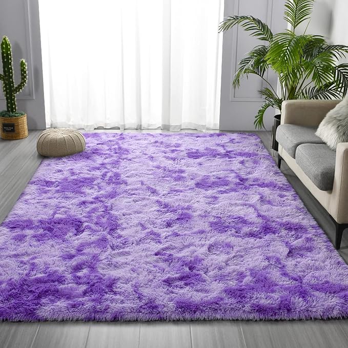 Deerhoo Large Shag Area Rugs 5 x 8, Tie-Dyed Plush Fuzzy Rugs for Living Room, Ultra Soft Fluffy Furry Rug for Bedroom, Indoor Carpet Nursery Rugs for Kids Room Home Decor, Purple