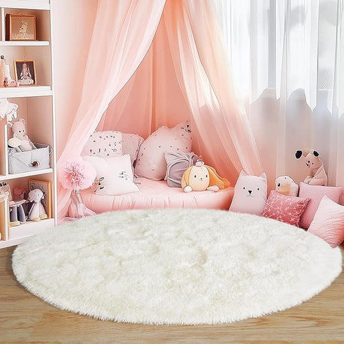 5'x5' Cream Round Rugs for Girls Bedroom, Ultra Soft Fluffy Circle Rug for Kids Room, Cute Shag Rugs for Living Room Playroom Tent Castle Home Decor Rug