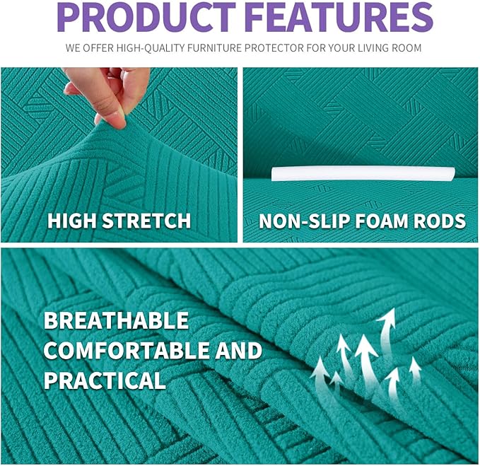 ZNSAYOTX Super Stretch Sofa Cover (72"-92"), New Striped Sofa Covers Fitted Slipcovers with Elastic Bottom, Dog Cat Pets Proof Spandex Washable Fabric Comfortable & Durable (Peacock Teal, Sofa)