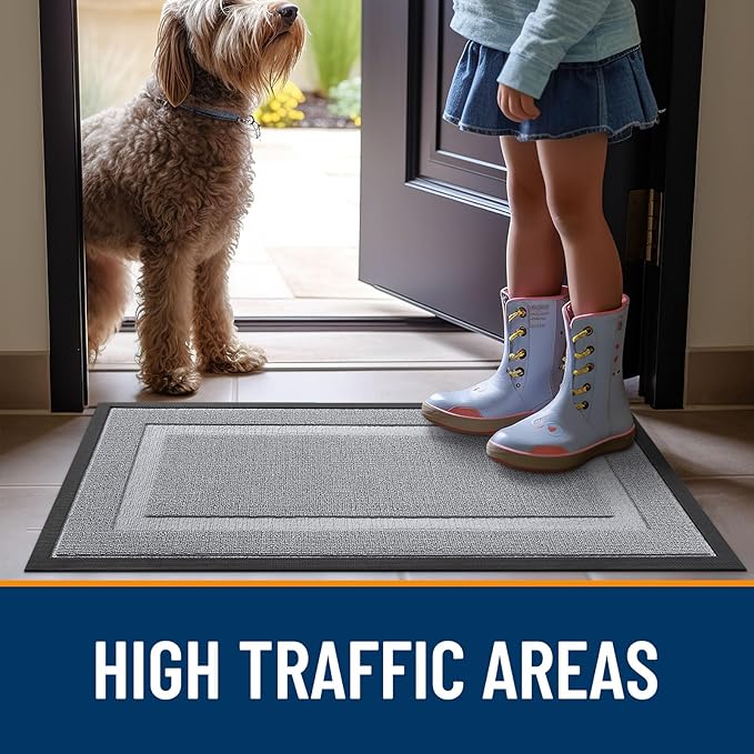 OLANLY Front Door Mat Indoor Outdoor Entrance, Waterproof All-Season, All-Weather Doormat, Sturdy Natural Rubber, Low Profile, Easy Clean Patio Porch Entryway Mat, 47x32, Silver Gray