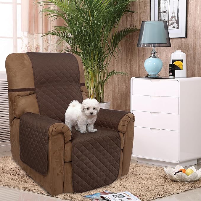 U-NICE HOME Recliner Chair Covers Reversible Chair Cover Pet Covers for Dogs with Elastic Straps Water Resistant Diamond Quilted (28''Recliner Oversized, Chocolate/Taupe)