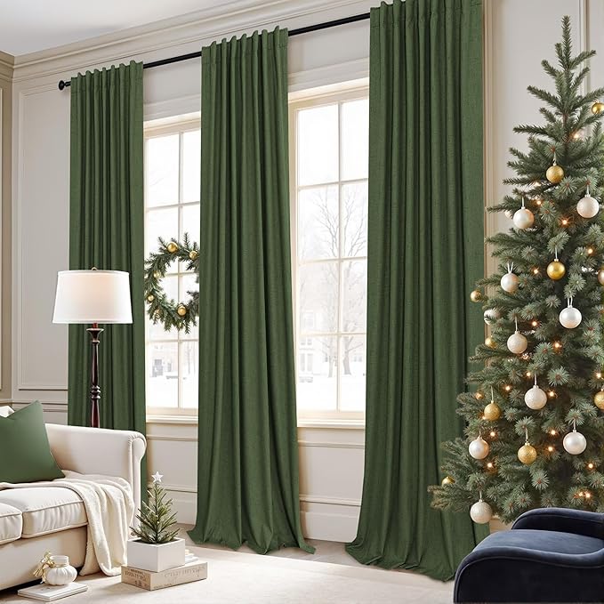 Olive Green Blackout Curtains for Bedroom 96 Inches Long Floor Length 2 Panel Vintage Earth Tone Earthy Academia Dark Out Curtain for Sliding Doors Living Room Darkening Thermal Linen Drape Army Green