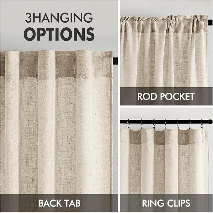 MIULEE Beige Linen Curtains 63 Inch Length 2 Panels for Bedroom Living Room, Soft Linen Textured Window Drapes Semi Sheer Light Filtering Back Tab Rod Pocket Farmhouse Modern Burlap Look Decor
