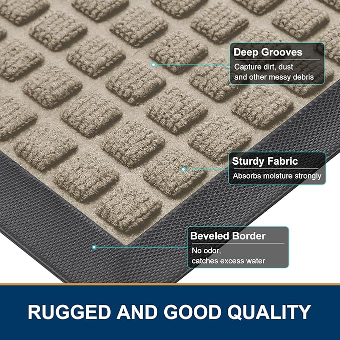 Smiry Front Door Mat Outside Entrance, Heavy Duty Natural Rubber Doormat, Non Slip, Trap Dirt and Moisture, Easy Clean, Low Profile Welcome Floor Mats for Indoor Outdoor Entry, 59x23 Inch, Beige