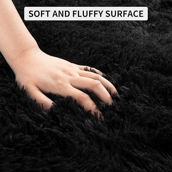 Tepook Super Soft Fluffy Rug for Bedroom, Modern Shaggy Fuzzy Kids Rugs for Living Room, Plush Indoor Nursery Home Decor Dorm Carpet with Non-Slip Bottom, Black, 2 X 3 Feet