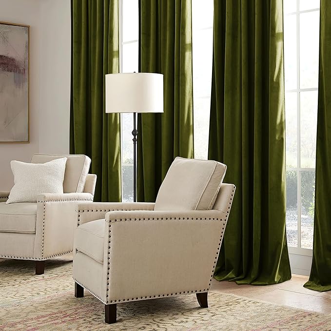 RYB HOME Green Velvet Curtains 102 inches with Hook Belt, Soft Fabric Room Darkening Thermal Insulated Luxurious Home Decor Curtains for Living Room Bedroom, W 52" x L 102", 2 Panels Set