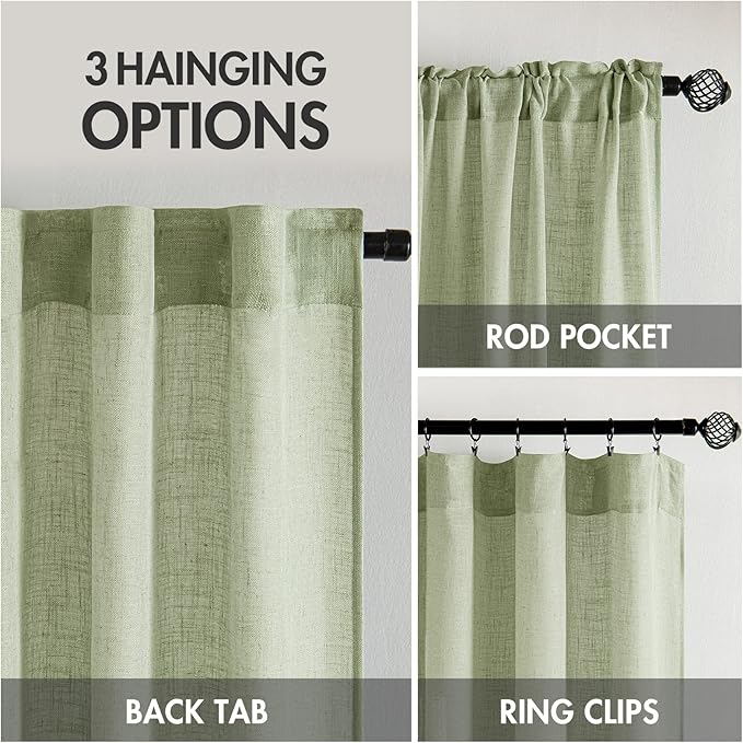 MIULEE Sage Green Linen Curtains 84 Inch Length for Bedroom Living Room, Soft Thick Linen Textured Window Drapes Semi Sheer Light Filtering Back Tab Rod Pocket Burlap Look, 2 Panels, 37x84 Inches