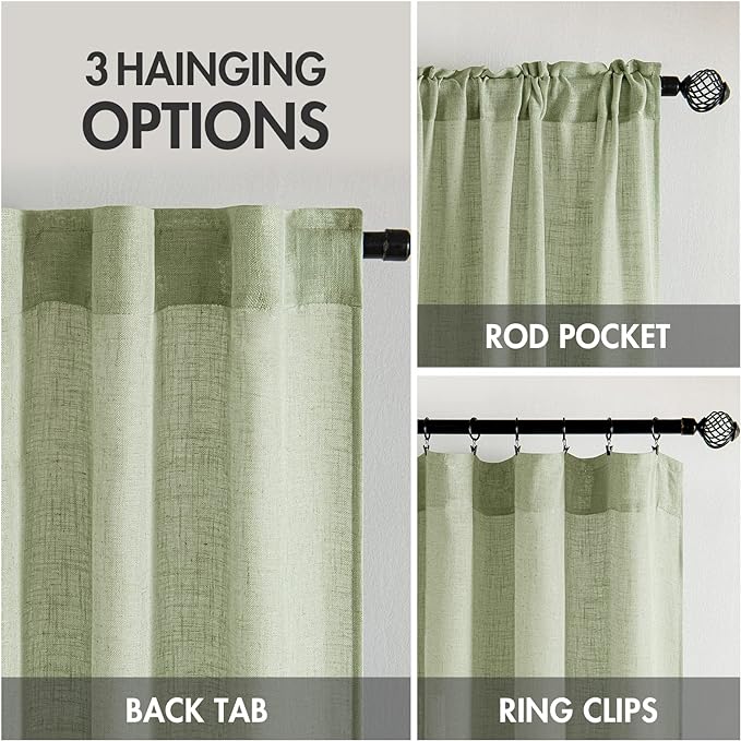 MIULEE Sage Green Linen Curtains 72 Inch Length for Bedroom Living Room, Soft Thick Linen Textured Window Drapes Semi Sheer Light Filtering Back Tab Rod Pocket Burlap Look Farmhouse Decor, 2 Panels