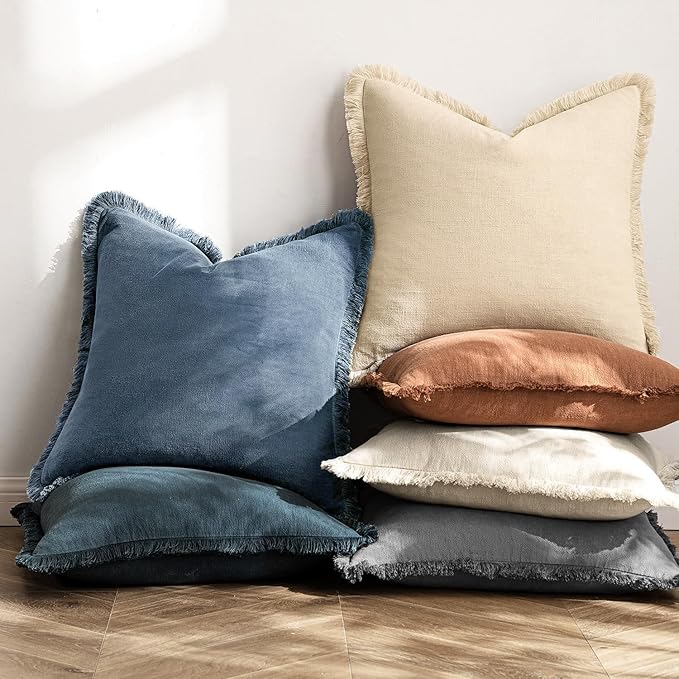 MIULEE Decorative Throw Pillow Covers Neutral Linen Fringe Throw Pillows Set of 2 Blue Ashes Boho Farmhouse Cushion Covers with Tassels for Couch Sofa Bed Spring Home Decor 20x20 Inch