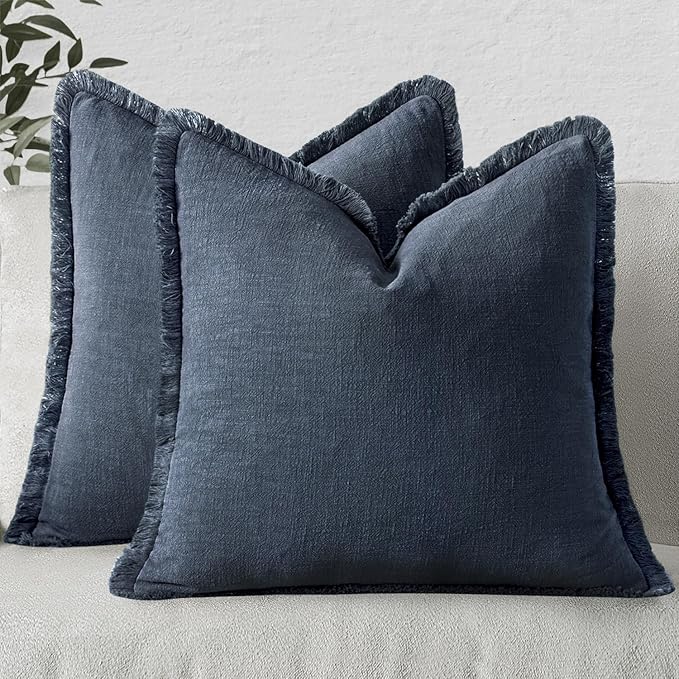 MIULEE Decorative Throw Pillow Covers Neutral Linen Fringe Throw Pillows Set of 2 Indigo Blue Boho Farmhouse Cushion Covers Coastal Decor for Couch Sofa Bed Living Room Spring Decor 20x20 Inch