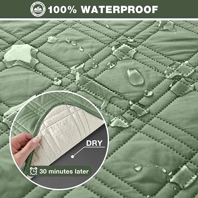 TAOCOCO 100% Waterproof Recliner Sofa Cover, Non Slip Split Couch Covers for Reclining Couches with Elastic Strap, Washable Reclining Sofa Cover Furniture Protector for Kids Pets(3 Seater, Bean Green)