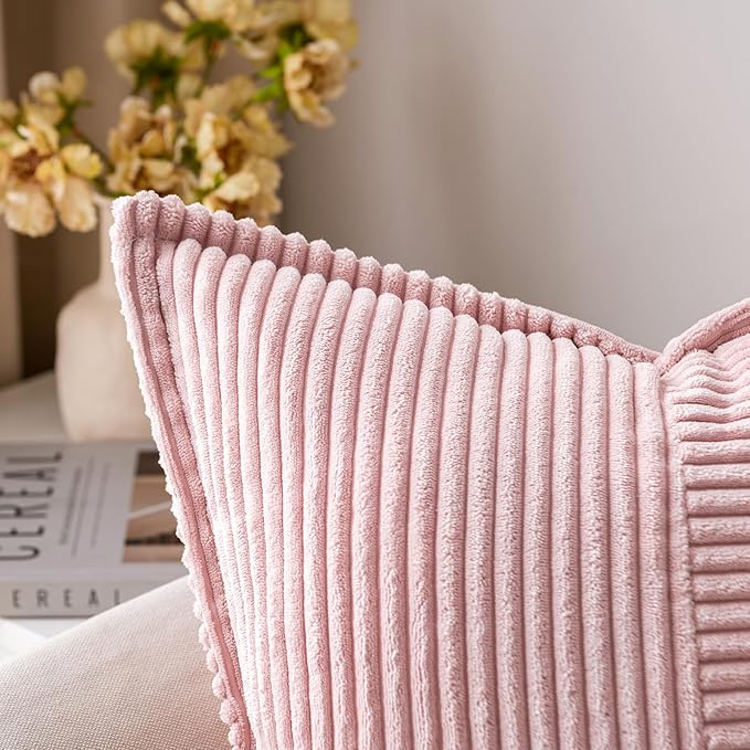 MIULEE Pink Corduroy Decorative Euro Sham Pillow Covers 24x24 Inch with Splicing Set of 2 Soft Boho Pillow Covers Broadside Textured Pillowcases for Couch Bed Livingroom