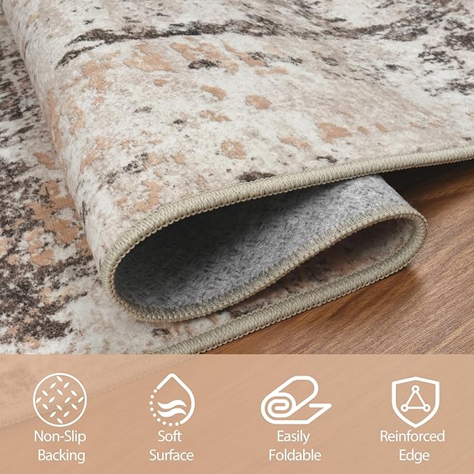 5x7 Area Rugs for Living Room Rug Washable: Abstract Rug for Dining Room Bedroom Carpet Non Slip 5 by 7 Indoor Modern Nursery Home Office Brown Beige