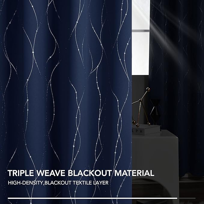 Deconovo Navy Blue Curtains, Blackout Curtain for Bedroom, 42 x 95 Inch, Thermal Insulated Soundproof Privacy Drapes with Silver Wave Dots Pattern, Grommet Top, Machine Washable Panel for Living Room