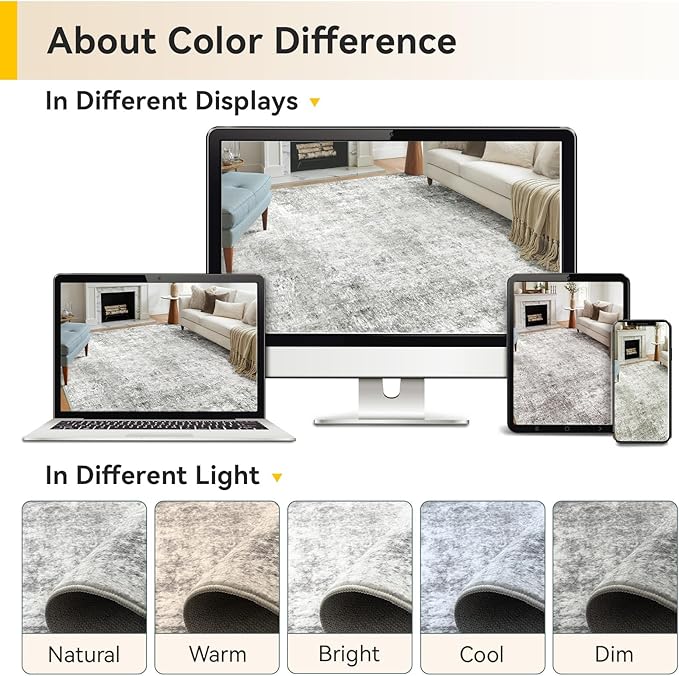 Washable Area Rugs 4'x6' Non-Slip Modern Abstract Soft for Living Room Entryway Bedroom Nursery, Print Pattern, Gray White Grey