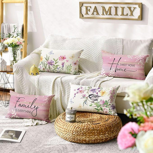 AVOIN colorlife Spring Saying Flowers Butterfly Pink Throw Pillow Covers, 12 x 20 Inch Home Sweet Home Cushion Case for Sofa Couch Set of 4